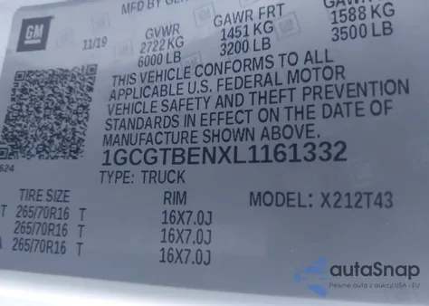 2020 Chevrolet Colorado 4Wd Long Box Wt z USA, uszkodzony, nr VIN 1GCGTBENXL1161332